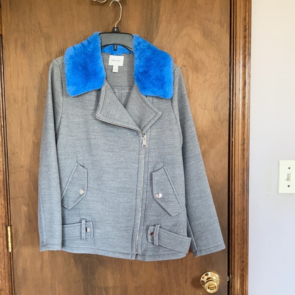 Relist 11/10❌ Nine West blue faux fur collar gray coat size S - Picture 11 of 16